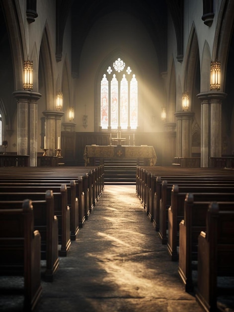 the sun shines through a church window.