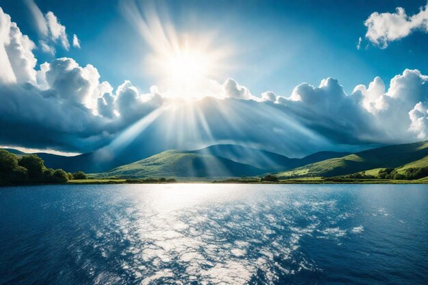 the sun shines through the clouds over a lake