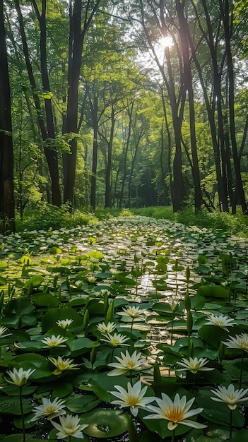 Foto il sole splende attraverso la foresta e splende sui fiori di loto bianchi nello stagno