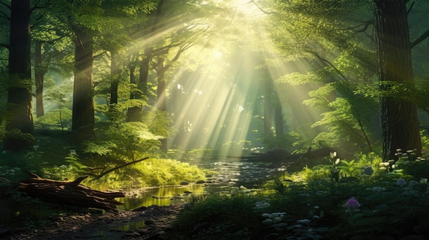 the sun shines through the forest