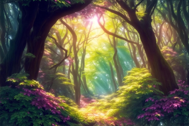 The sun shines through the forest