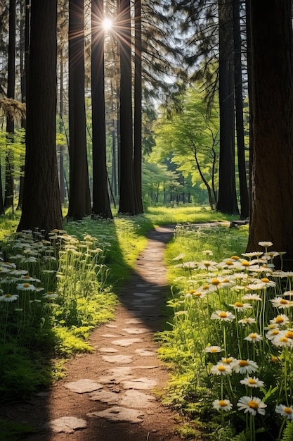 The sun shines through the forest