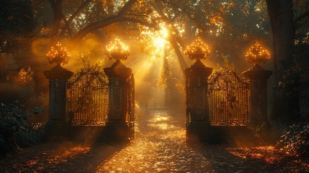 the sun shines through the gates of the cemetery