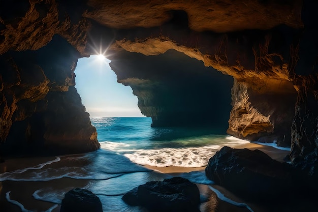 Солнце светит через дыру в скале.