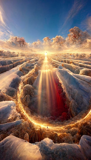 The sun shines through a hole in the snow generative ai
