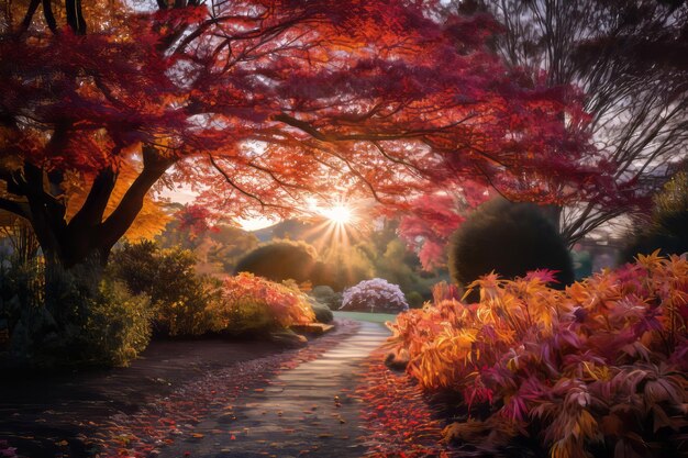 秋の木の葉の間から太陽が輝いています