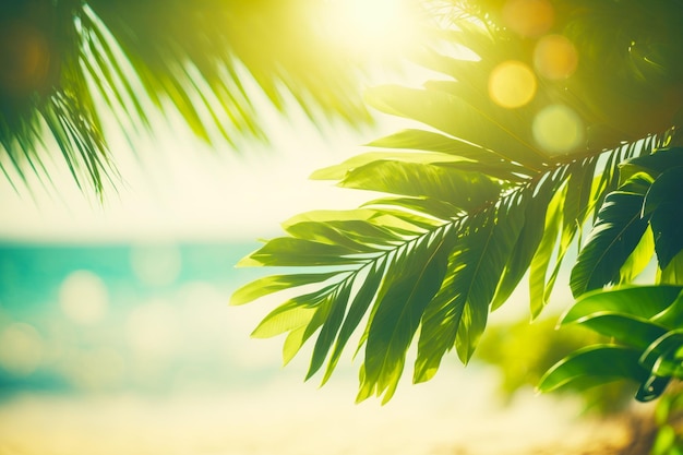 The sun shines through the leaves of palm tree on the beach Generative AI