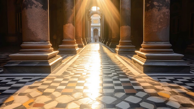 Photo a sun shines through a stone floor with a man walking in the background