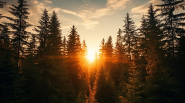 Photo the sun shines through the tall pine trees in the forest