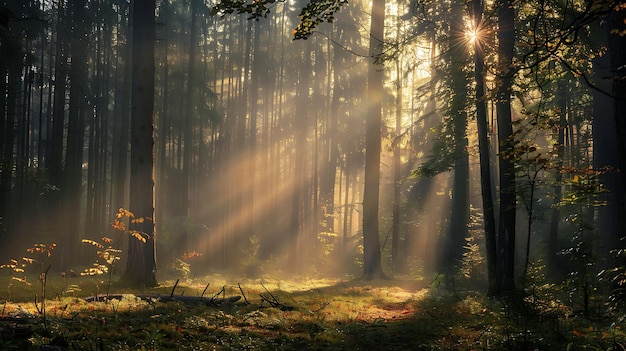 The sun shines through the tall trees in the forest The forest is full of mystery You can feel the magic in the air