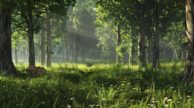 The sun shines through the tall trees in the forest The lush green grass and plants create a beautiful and peaceful scene