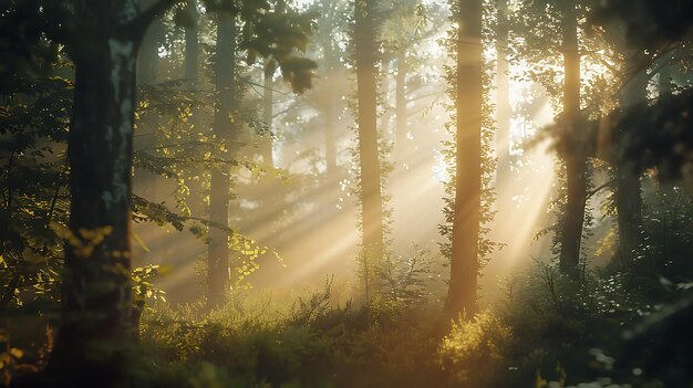 The sun shines through the tall trees in the forest The rays of light create a beautiful pattern on the ground