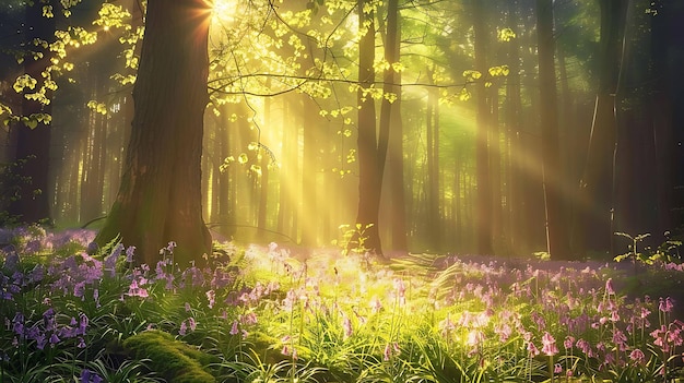 The sun shines through the tall trees in the forest