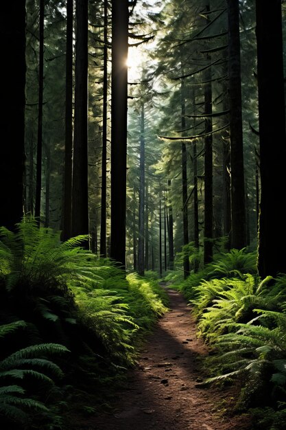 Foto il sole splende attraverso gli alti alberi della foresta