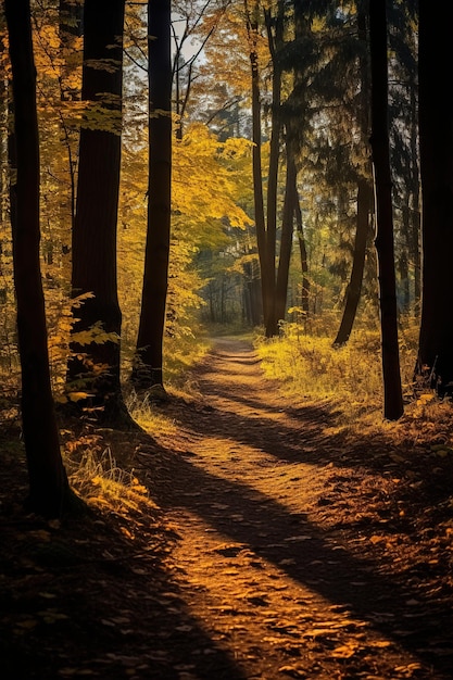 The sun shines through the trees in the autumn forest