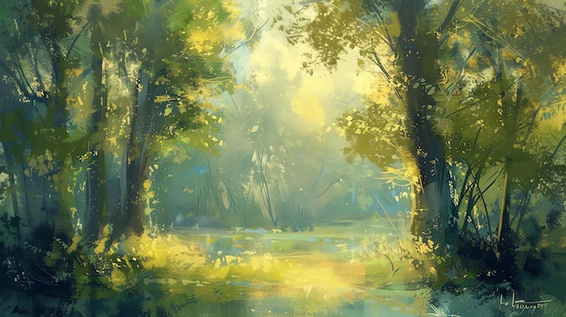 The sun shines through the trees in a beautiful forest The green leaves are lush and vibrant The forest is full of life