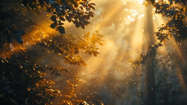 The sun shines through the trees in a beautiful forest The leaves are a lush green and the sunlight creates a dappled pattern on the ground