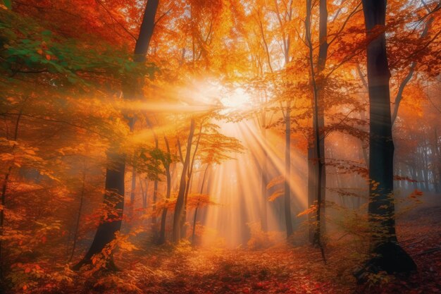 숲 생성 인공 지능의 나무 사이로 태양이 빛난다