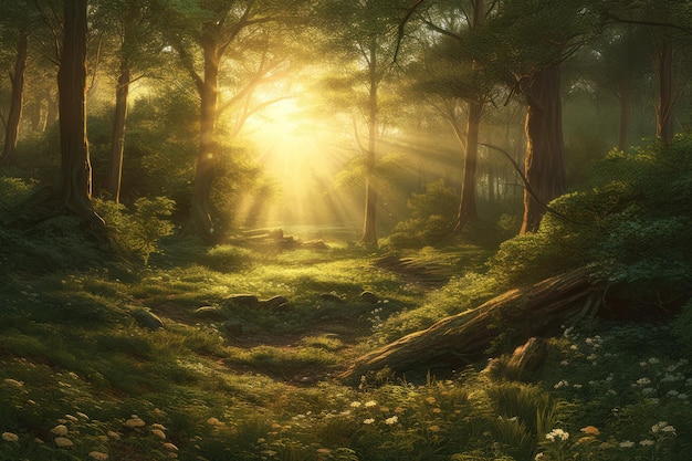 The sun shines through the trees in the forest