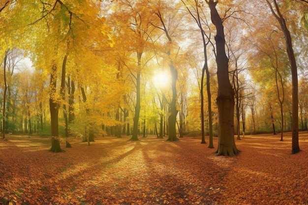 A sun shines through the trees in the forest