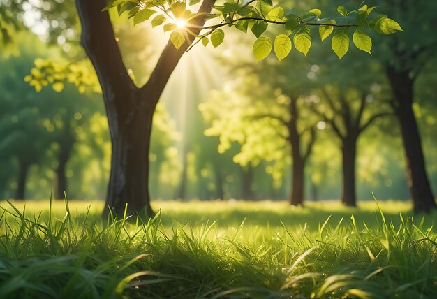 太陽は公園の木の中を照らしている