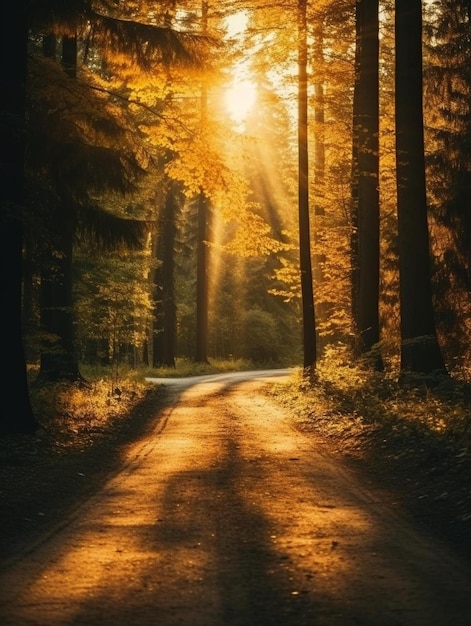 the sun shines through the trees on a road