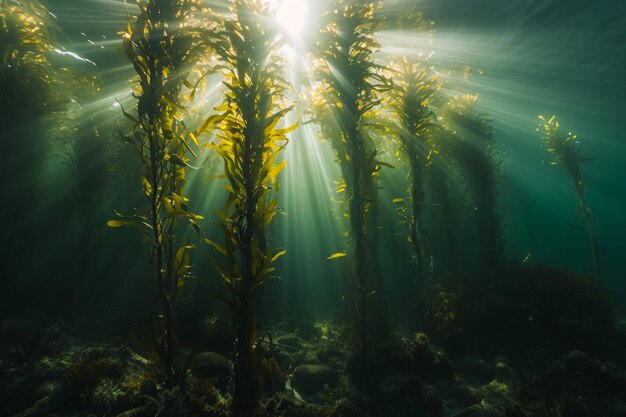 Photo the sun shines through the water illuminating a vibrant forest of seaweed beneath the surface the ocean floor punctuated with towering kelp forests that stretch towards the light ai generated