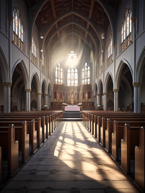 the sun shines through the windows of a church.