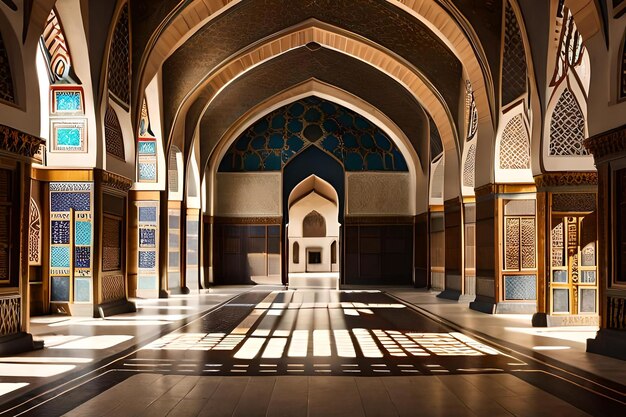 The sun shines through the windows of a mosque.