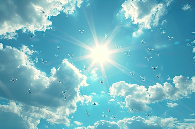 Sun shining and birds flying over a heavenly blue sky