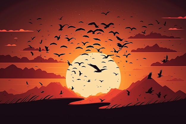 Photo sun shining and birds silhouettes flying sunset sky go home