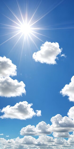 Sun shining in blue sky with white clouds realistic background