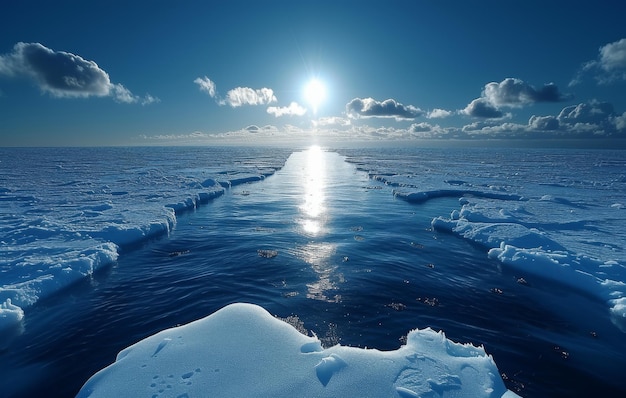 열린 바다 얼음 위에 빛나는 태양은 자연의 아름다움의 반이는 마법의 장면을 만니다.