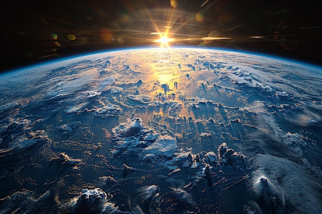 Фото Солнце сияет над землей из космоса