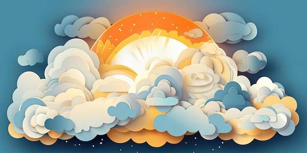 a sun shining through blue clouds vector in the style of paper sculptures