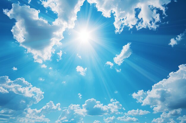 Sun shining through fluffy white clouds in a bright blue sky