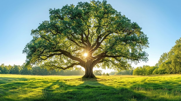 The sun shining through a majestic green oak tree on a meadow with clear blue sky in the background panorama format