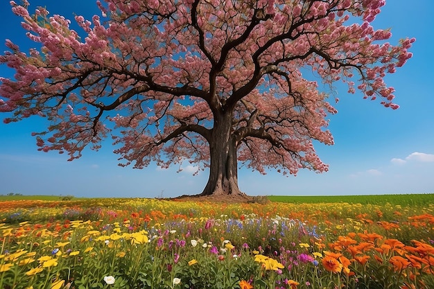 The sun shining through a majestic green oak tree on a meadow with clear blue sky in the background