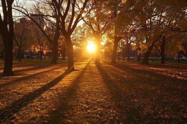 Фото Солнце светит сквозь деревья, бросая тени в парке, золотой закат бросает длинные тени над спокойным парком.