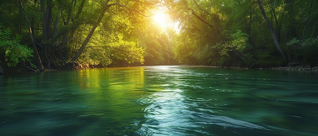 太陽 が 水 の 上 に 樹木 を 透け て 輝く