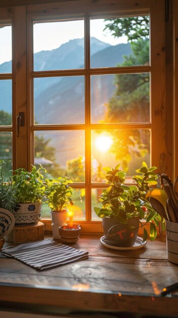 Photo sun shining through window with potted plants