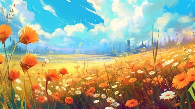 A sun shower in a flower field Fantasy concept Illustration painting