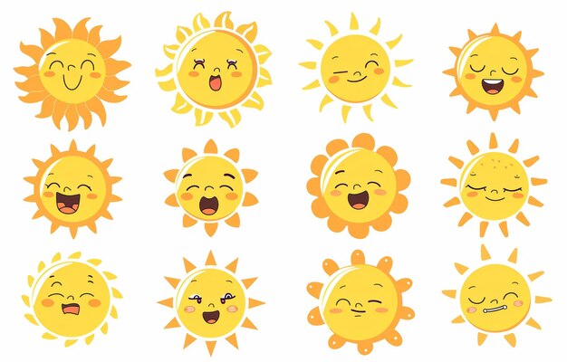 Photo sun smiles sunshine cute faces summer cartoons modern icons spring sunshine emojis morning sun emotion characters smiley spring emojis
