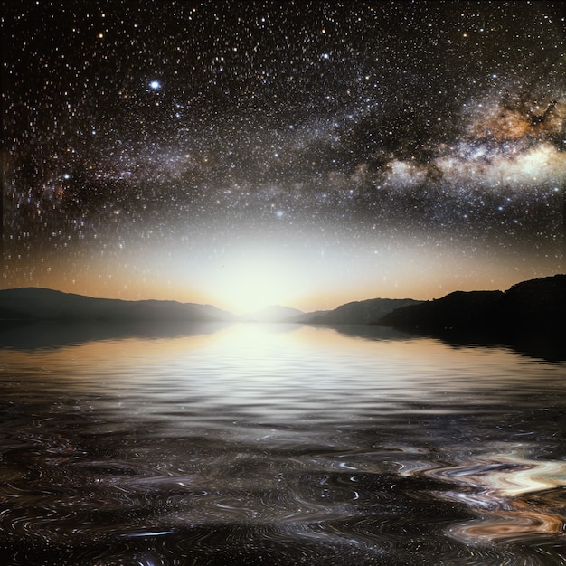 Sun on a surface star sky reflected in the sea. Elements of this image furnished by NASA