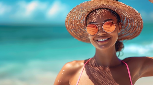 The sun tan lotion woman applying the sunscreen solar cream on her face over the ocean backdrop Sun Tanning Skin care and protection Holiday