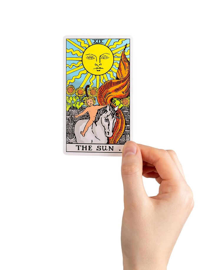 Sun tarot card in hand positive major arcana isolated on white