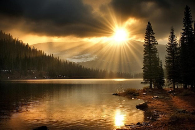 Photo sun through streaks of rain over a lake a