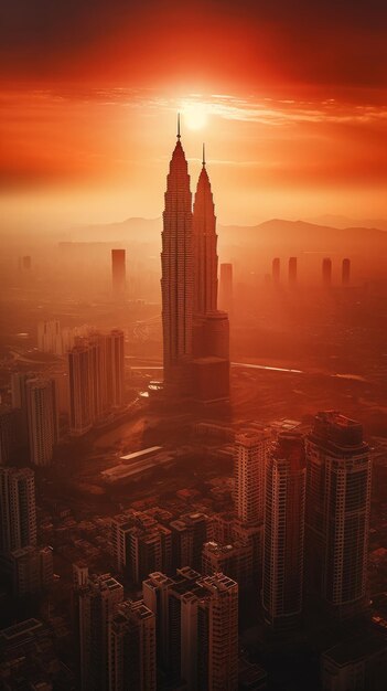 Photo sun on top of modern malaysia city with petronas