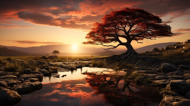 Photo the sun in behind a tree in a field at the evening background