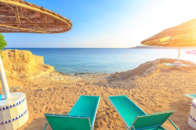 Sun umbrellas and empty deckchairs on the shore sand beach